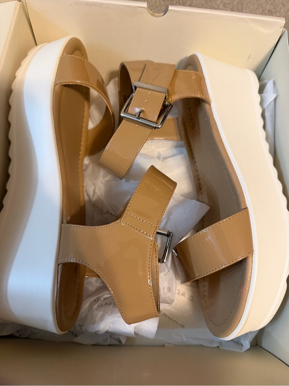 J. Adam’s Patent Leather Platform Surf Sandals in Beige